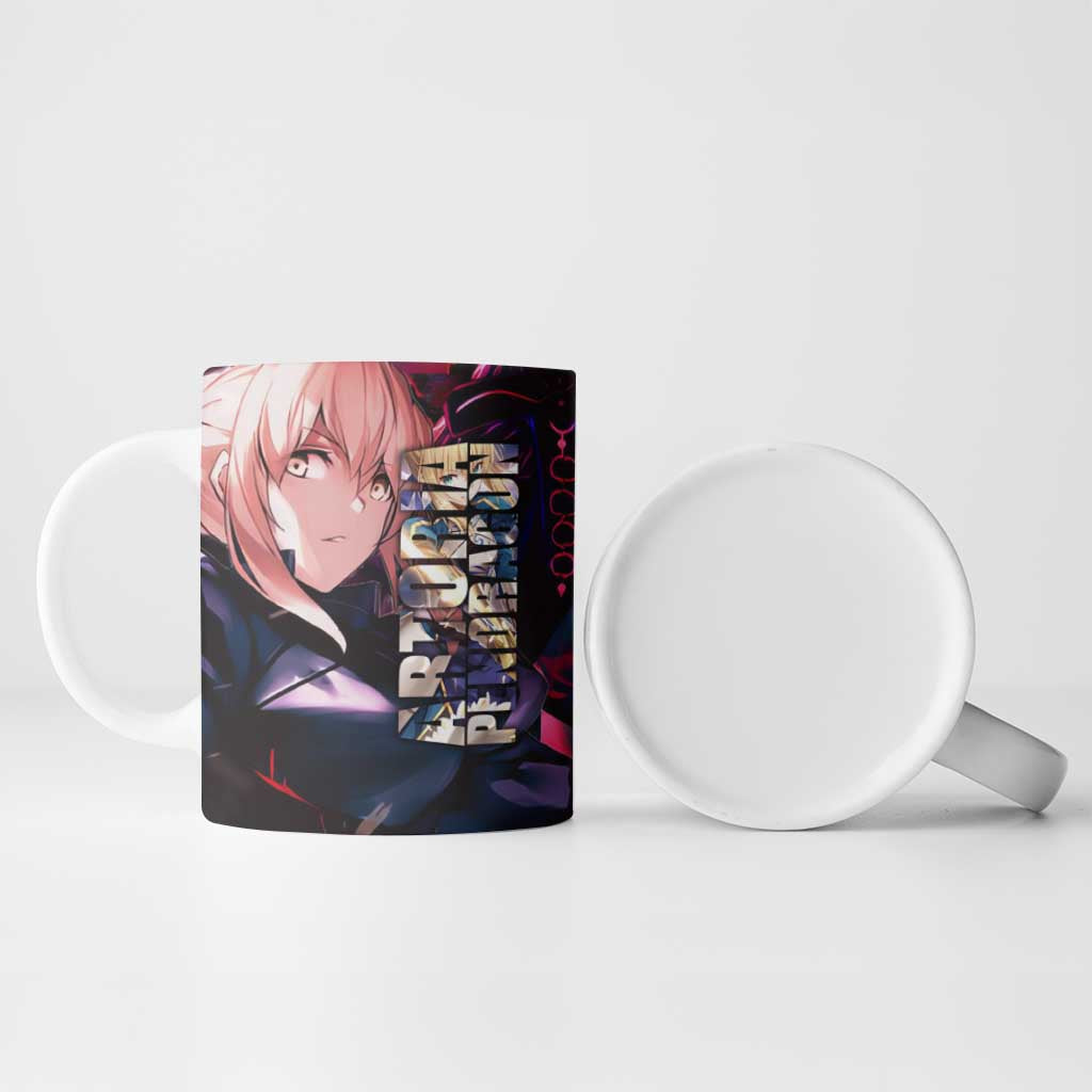 Saber Artoria Pendragon Dark Armor Theme Ceramic Mug with Red and Purple Abstract Background Design - The Mazicc