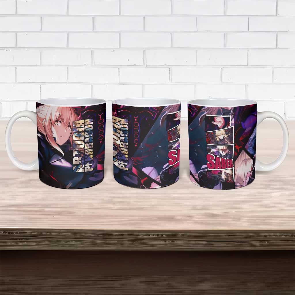 Saber Artoria Pendragon Dark Armor Theme Ceramic Mug with Red and Purple Abstract Background Design - The Mazicc
