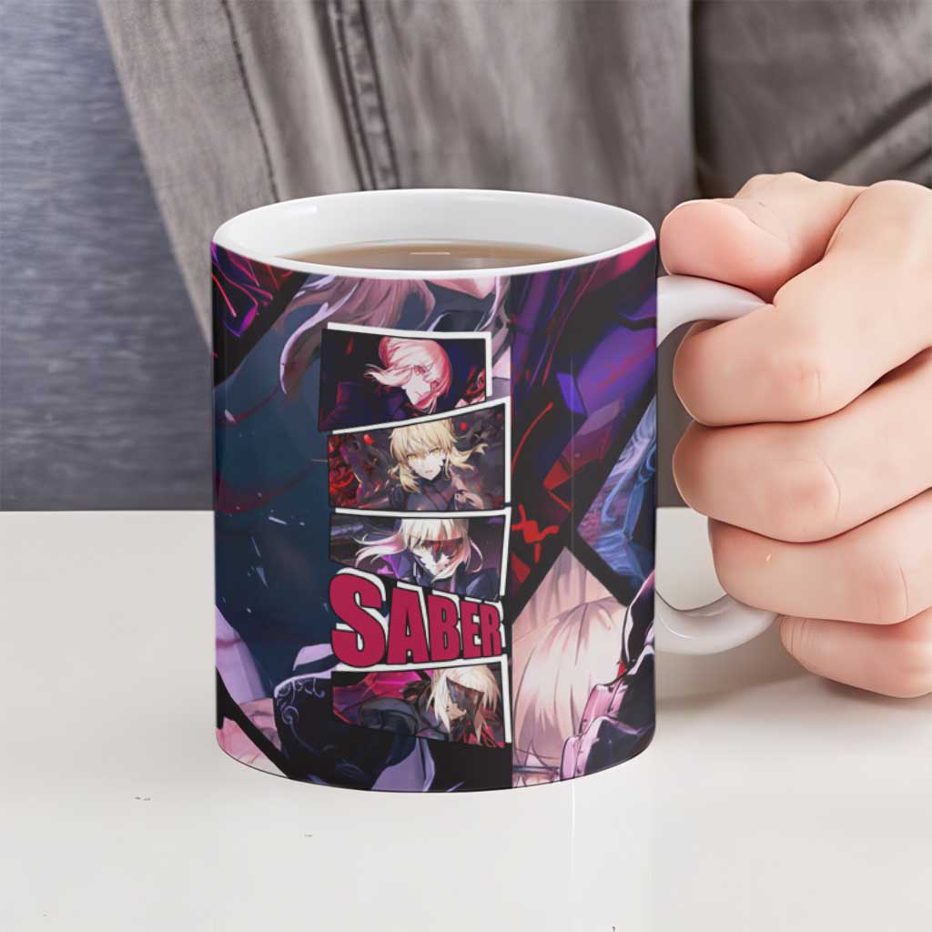 Saber Artoria Pendragon Dark Armor Theme Ceramic Mug with Red and Purple Abstract Background Design - The Mazicc