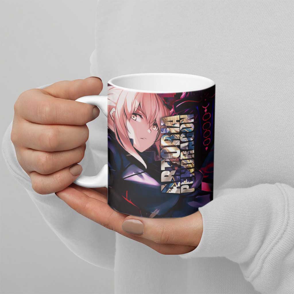 Saber Artoria Pendragon Dark Armor Theme Ceramic Mug with Red and Purple Abstract Background Design - The Mazicc