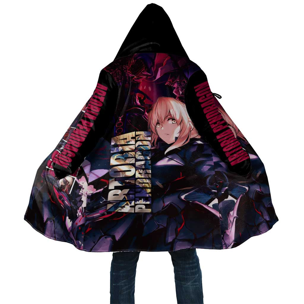 Saber Artoria Pendragon Dark Armor Theme Cloak with Red and Purple Abstract Background Design - The Mazicc