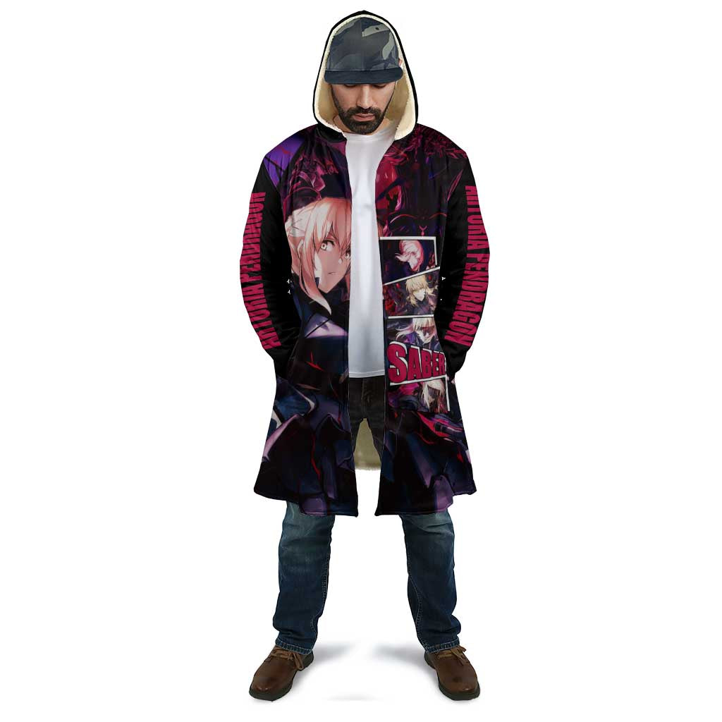 Saber Artoria Pendragon Dark Armor Theme Cloak with Red and Purple Abstract Background Design - The Mazicc