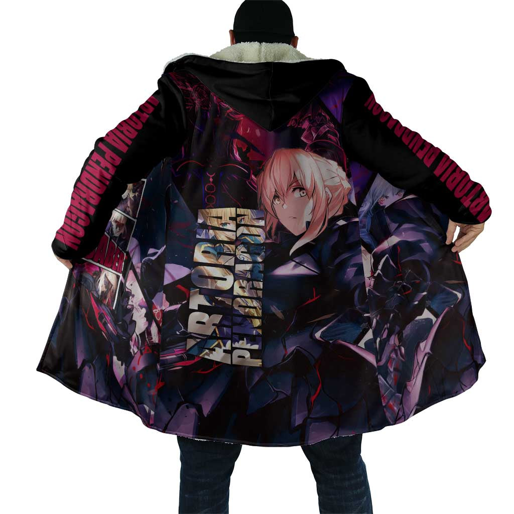 Saber Artoria Pendragon Dark Armor Theme Cloak with Red and Purple Abstract Background Design - The Mazicc
