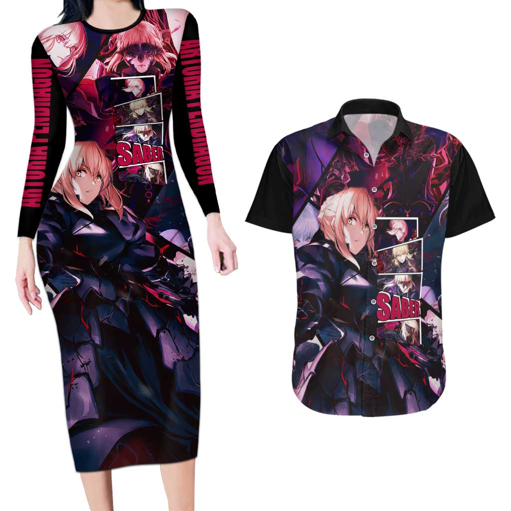 Saber Artoria Pendragon Dark Armor Theme Couples Matching Long Sleeve Bodycon Dress and Hawaiian Shirt with Red and Purple Abstract Background Design - The Mazicc