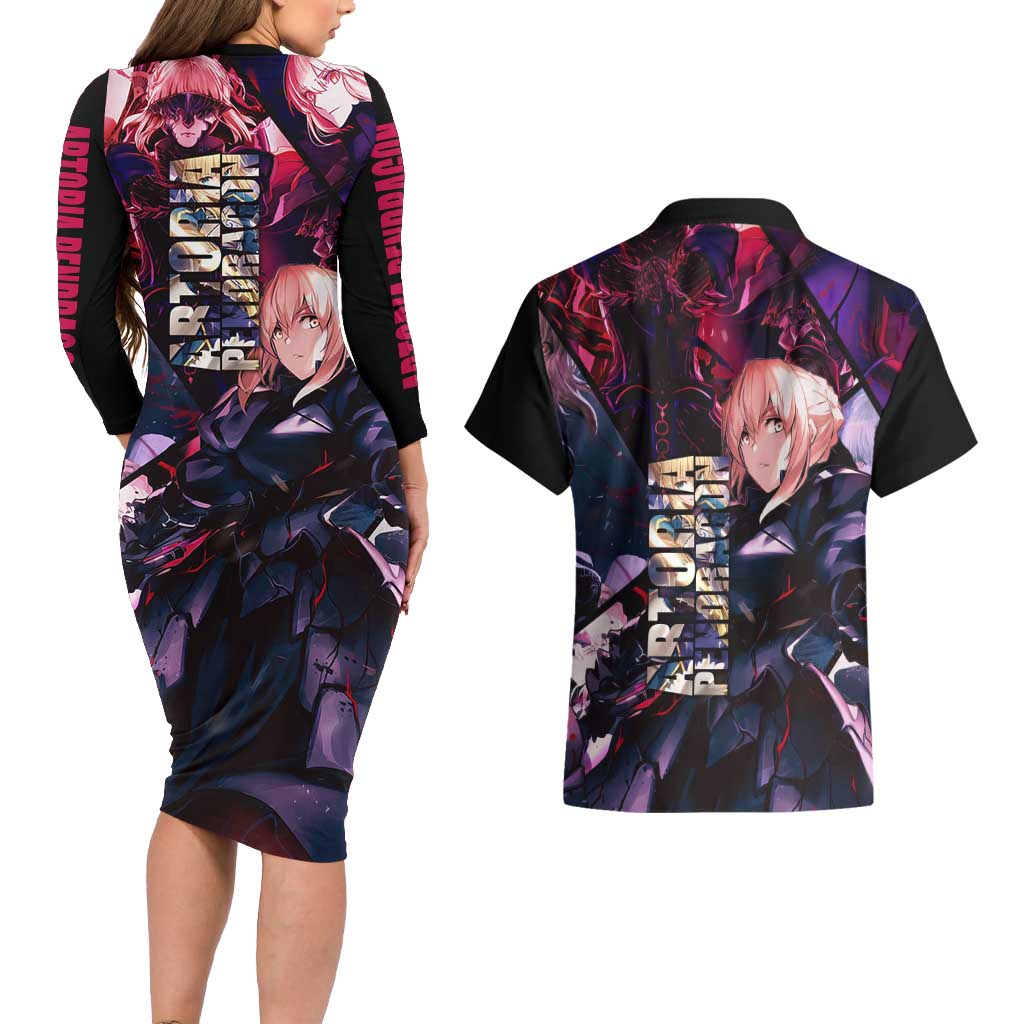 Saber Artoria Pendragon Dark Armor Theme Couples Matching Long Sleeve Bodycon Dress and Hawaiian Shirt with Red and Purple Abstract Background Design - The Mazicc