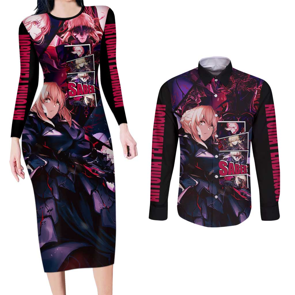 Saber Artoria Pendragon Dark Armor Theme Couples Matching Long Sleeve Bodycon Dress and Long Sleeve Button Shirt with Red and Purple Abstract Background Design - The Mazicc