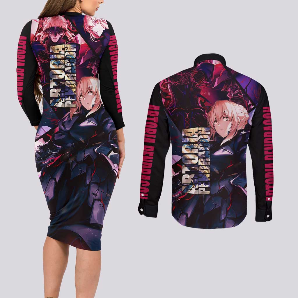 Saber Artoria Pendragon Dark Armor Theme Couples Matching Long Sleeve Bodycon Dress and Long Sleeve Button Shirt with Red and Purple Abstract Background Design - The Mazicc