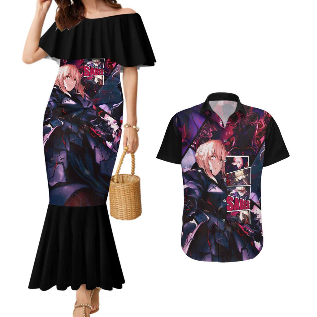 Saber Artoria Pendragon Dark Armor Theme Couples Matching Mermaid Dress and Hawaiian Shirt with Red and Purple Abstract Background Design - The Mazicc