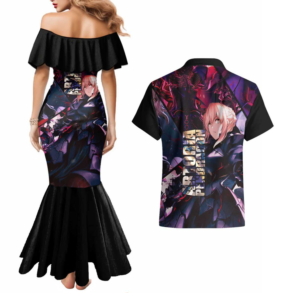 Saber Artoria Pendragon Dark Armor Theme Couples Matching Mermaid Dress and Hawaiian Shirt with Red and Purple Abstract Background Design - The Mazicc