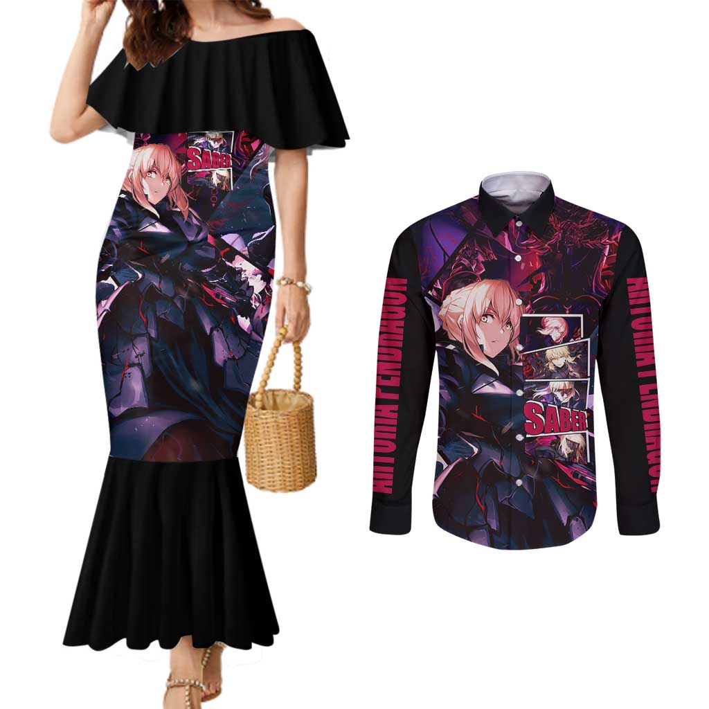 Saber Artoria Pendragon Dark Armor Theme Couples Matching Mermaid Dress and Long Sleeve Button Shirt with Red and Purple Abstract Background Design - The Mazicc
