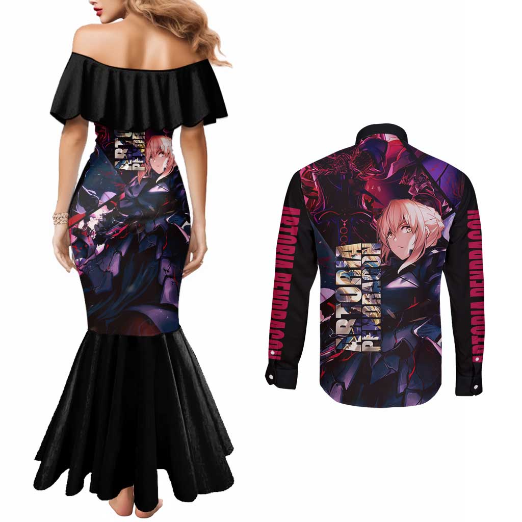 Saber Artoria Pendragon Dark Armor Theme Couples Matching Mermaid Dress and Long Sleeve Button Shirt with Red and Purple Abstract Background Design - The Mazicc