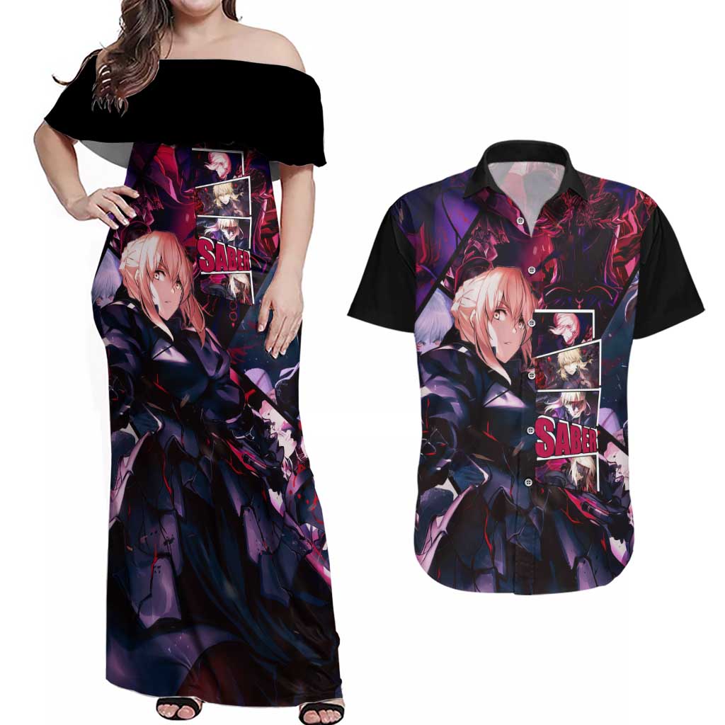 Saber Artoria Pendragon Dark Armor Theme Couples Matching Off Shoulder Maxi Dress and Hawaiian Shirt with Red and Purple Abstract Background Design - The Mazicc