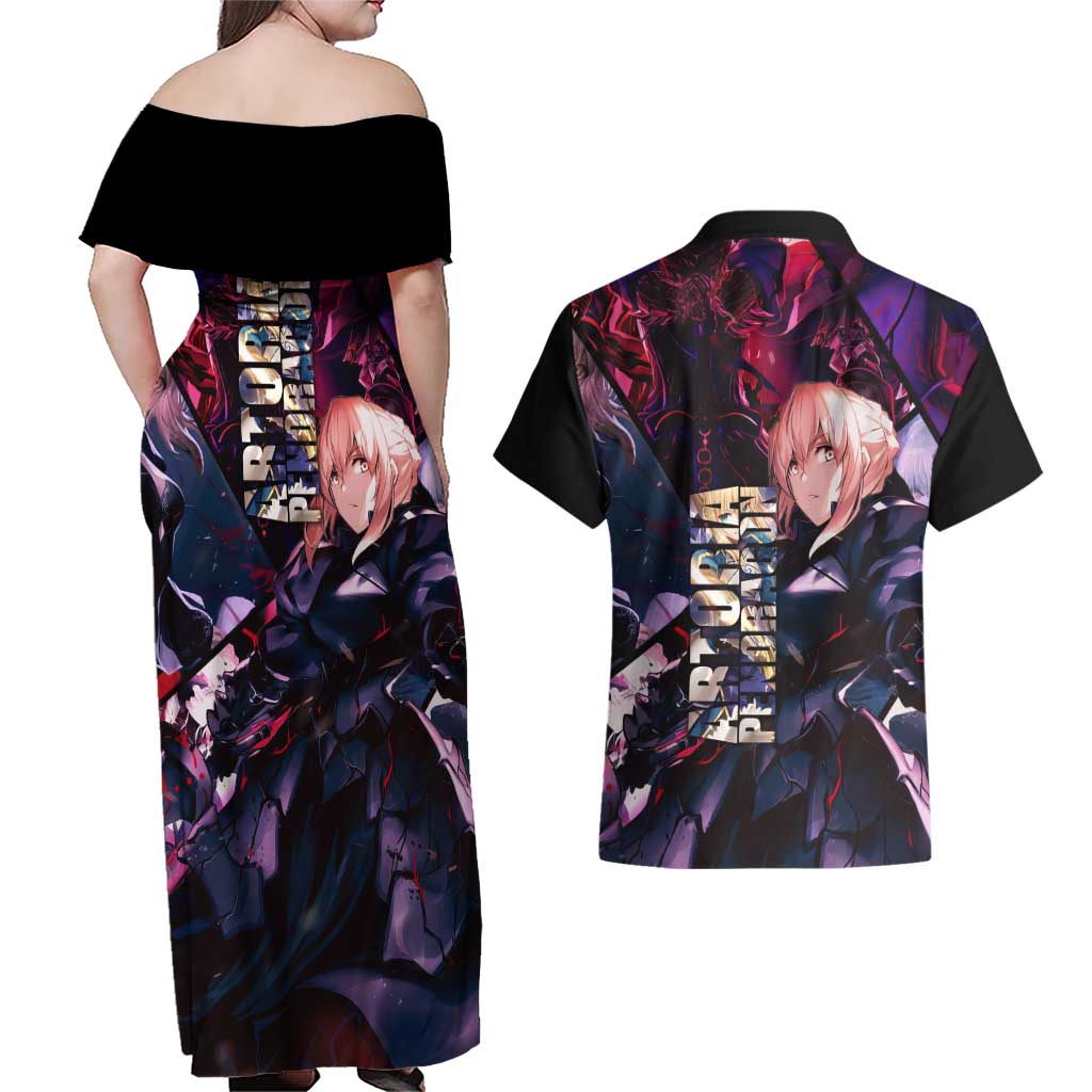 Saber Artoria Pendragon Dark Armor Theme Couples Matching Off Shoulder Maxi Dress and Hawaiian Shirt with Red and Purple Abstract Background Design - The Mazicc