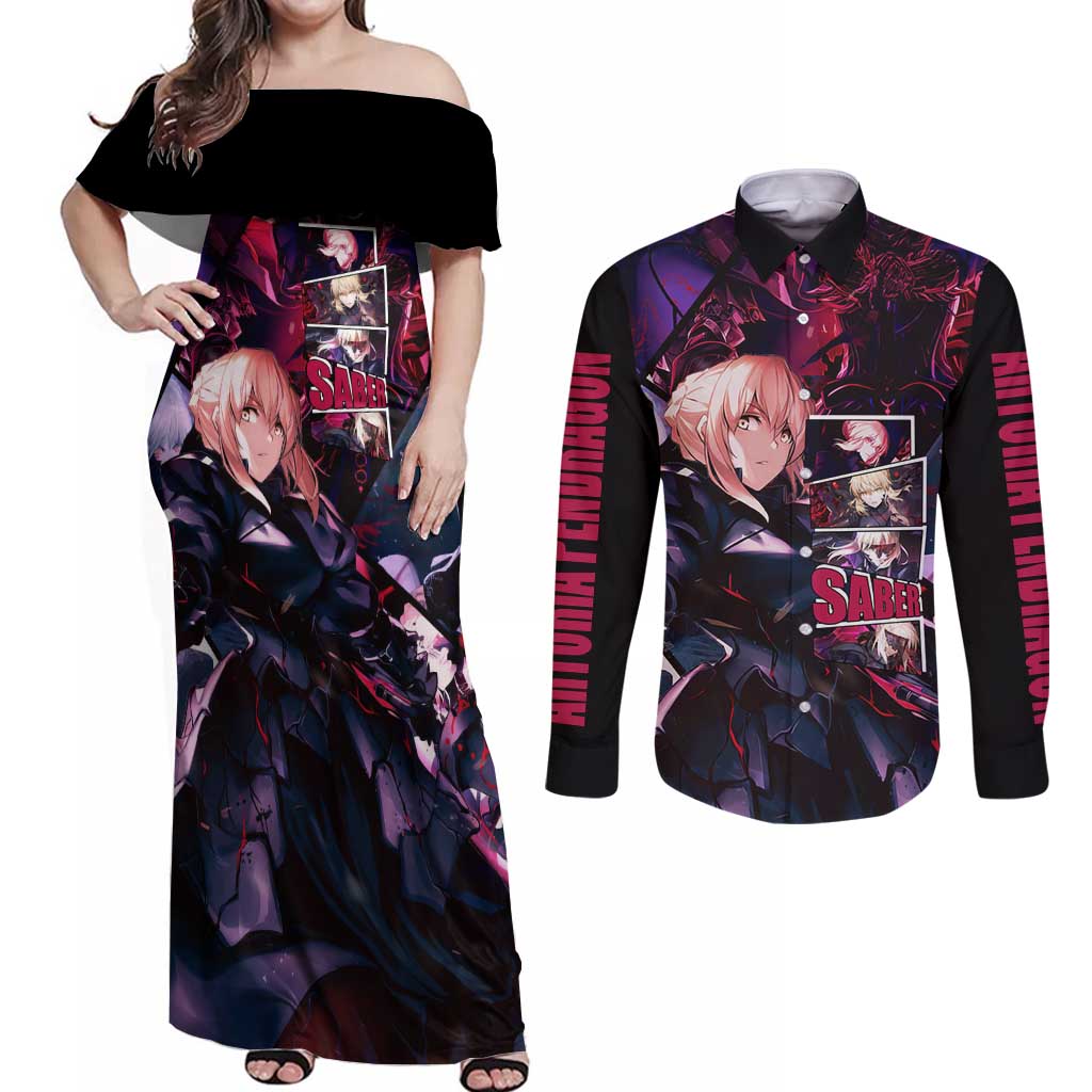 Saber Artoria Pendragon Dark Armor Theme Couples Matching Off Shoulder Maxi Dress and Long Sleeve Button Shirt with Red and Purple Abstract Background Design - The Mazicc