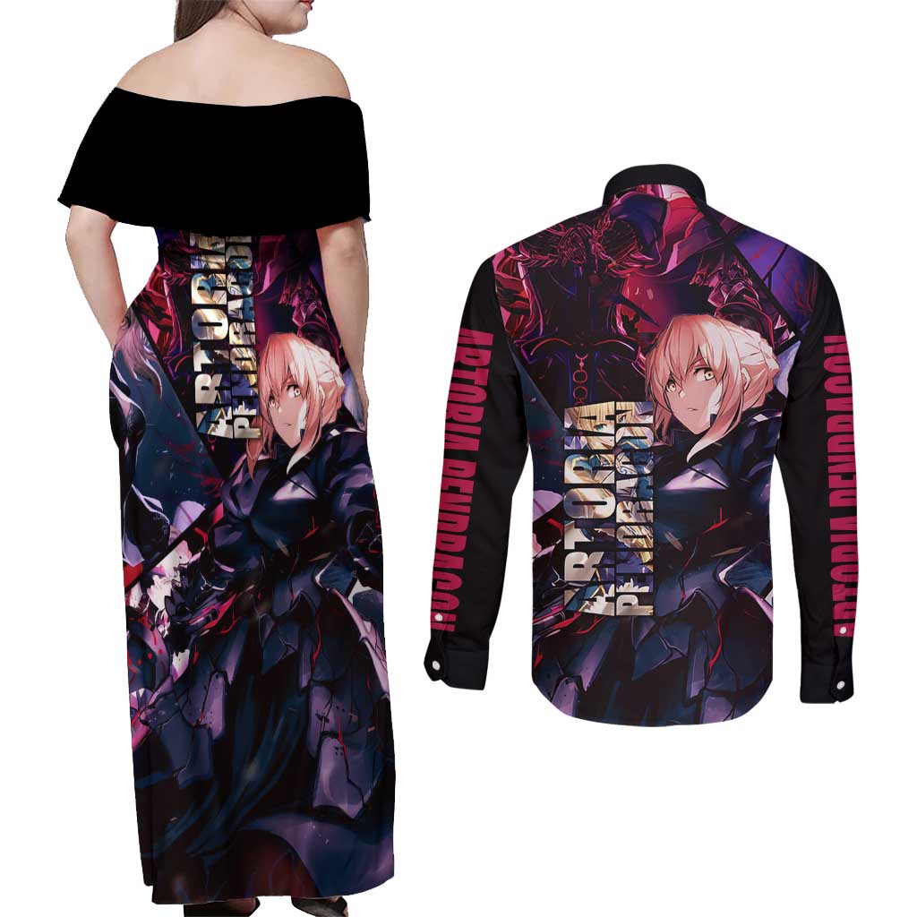 Saber Artoria Pendragon Dark Armor Theme Couples Matching Off Shoulder Maxi Dress and Long Sleeve Button Shirt with Red and Purple Abstract Background Design - The Mazicc
