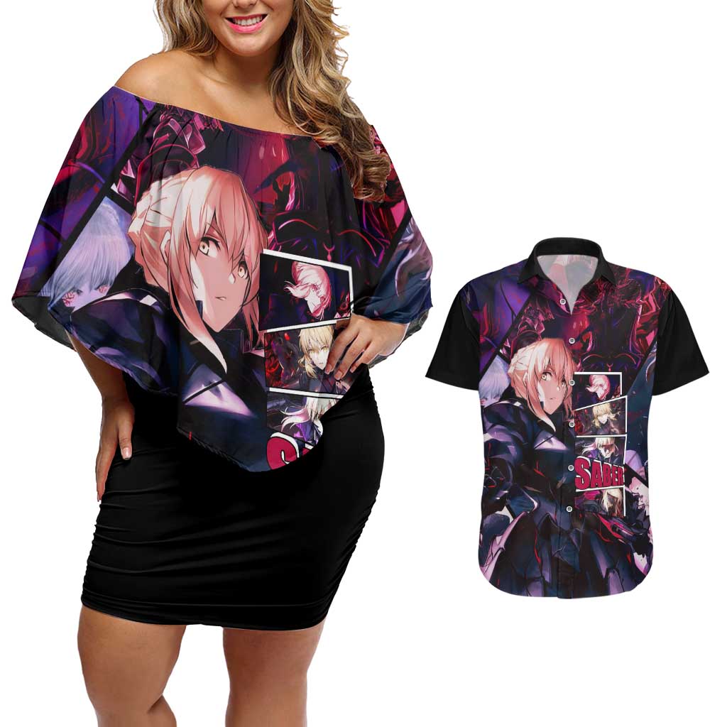 Saber Artoria Pendragon Dark Armor Theme Couples Matching Off Shoulder Short Dress and Hawaiian Shirt with Red and Purple Abstract Background Design - The Mazicc