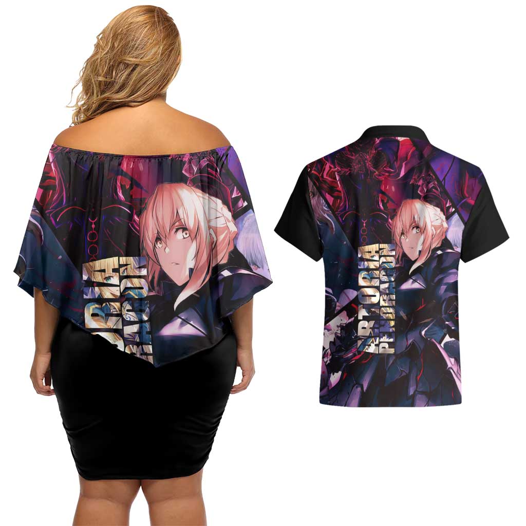 Saber Artoria Pendragon Dark Armor Theme Couples Matching Off Shoulder Short Dress and Hawaiian Shirt with Red and Purple Abstract Background Design - The Mazicc