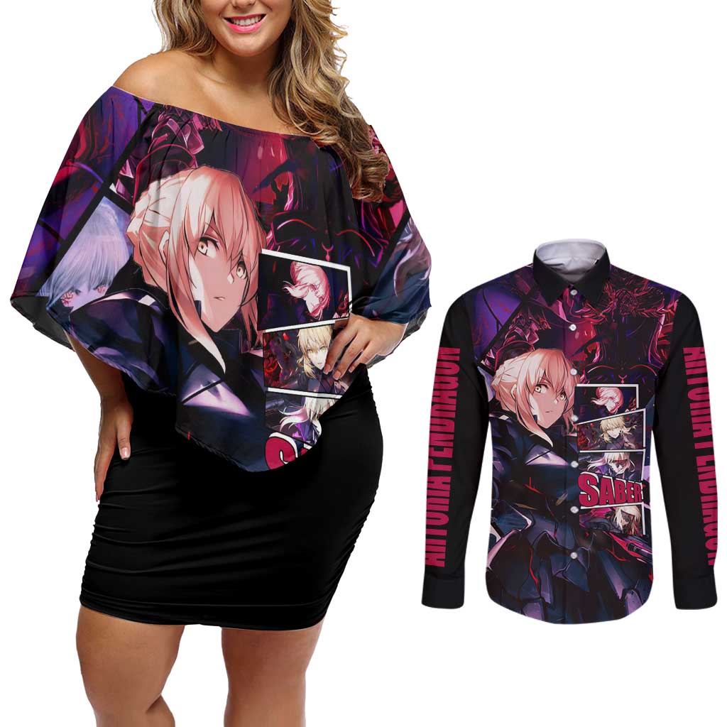Saber Artoria Pendragon Dark Armor Theme Couples Matching Off Shoulder Short Dress and Long Sleeve Button Shirt with Red and Purple Abstract Background Design - The Mazicc