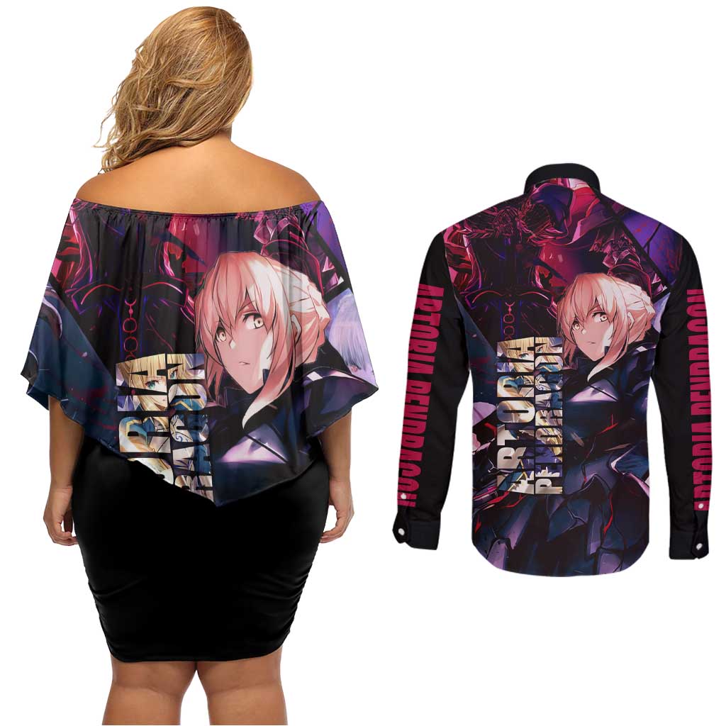 Saber Artoria Pendragon Dark Armor Theme Couples Matching Off Shoulder Short Dress and Long Sleeve Button Shirt with Red and Purple Abstract Background Design - The Mazicc