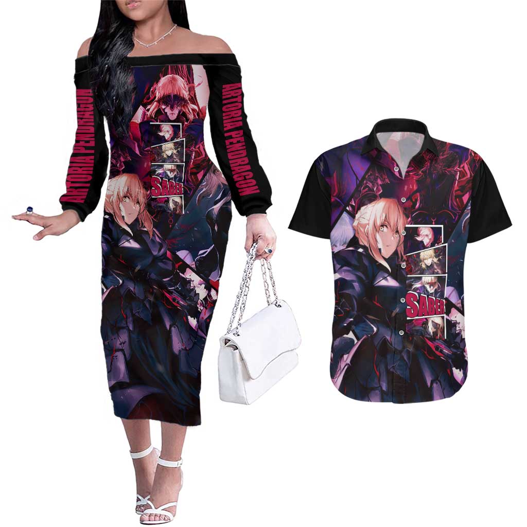 Saber Artoria Pendragon Dark Armor Theme Couples Matching Off The Shoulder Long Sleeve Dress and Hawaiian Shirt with Red and Purple Abstract Background Design - The Mazicc