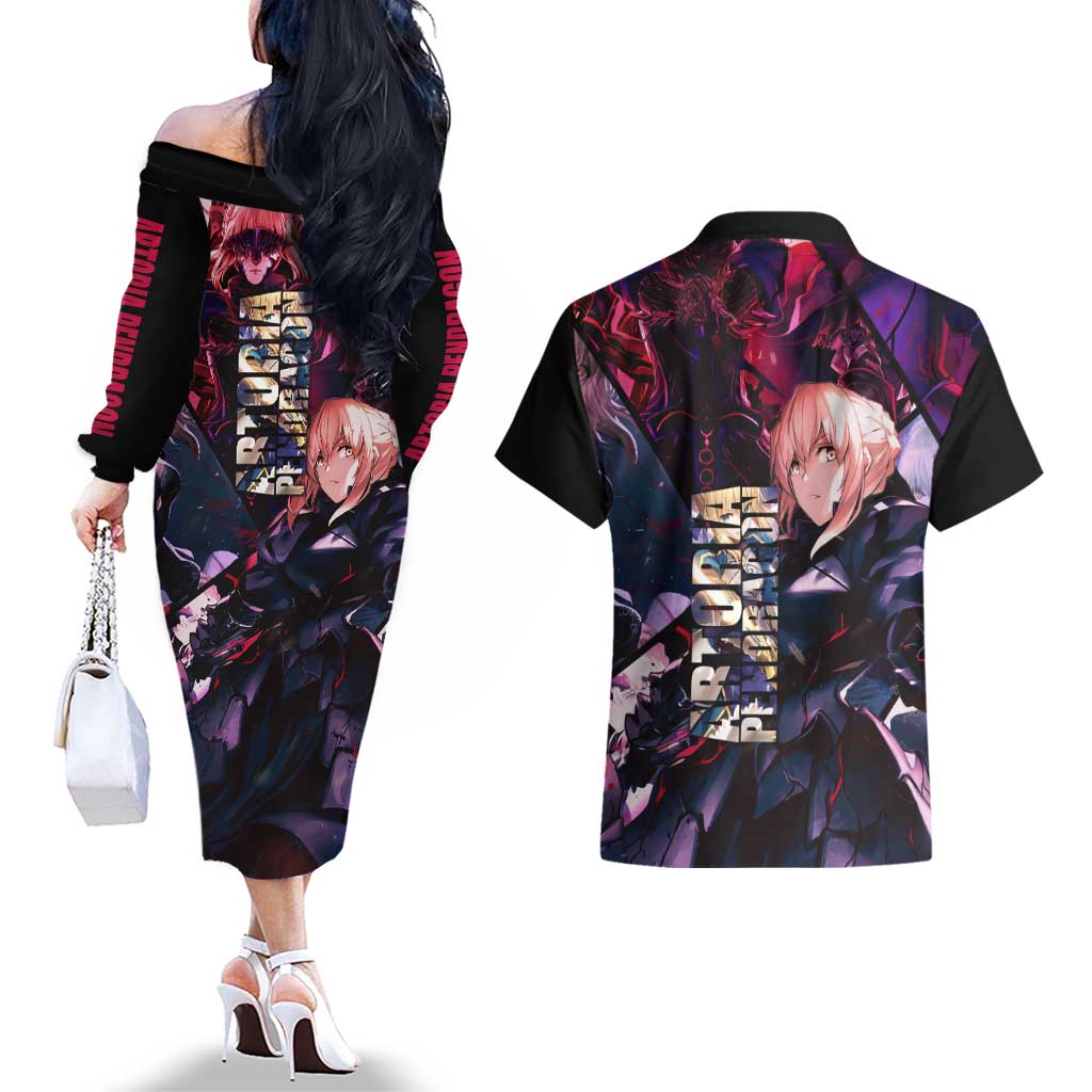 Saber Artoria Pendragon Dark Armor Theme Couples Matching Off The Shoulder Long Sleeve Dress and Hawaiian Shirt with Red and Purple Abstract Background Design - The Mazicc