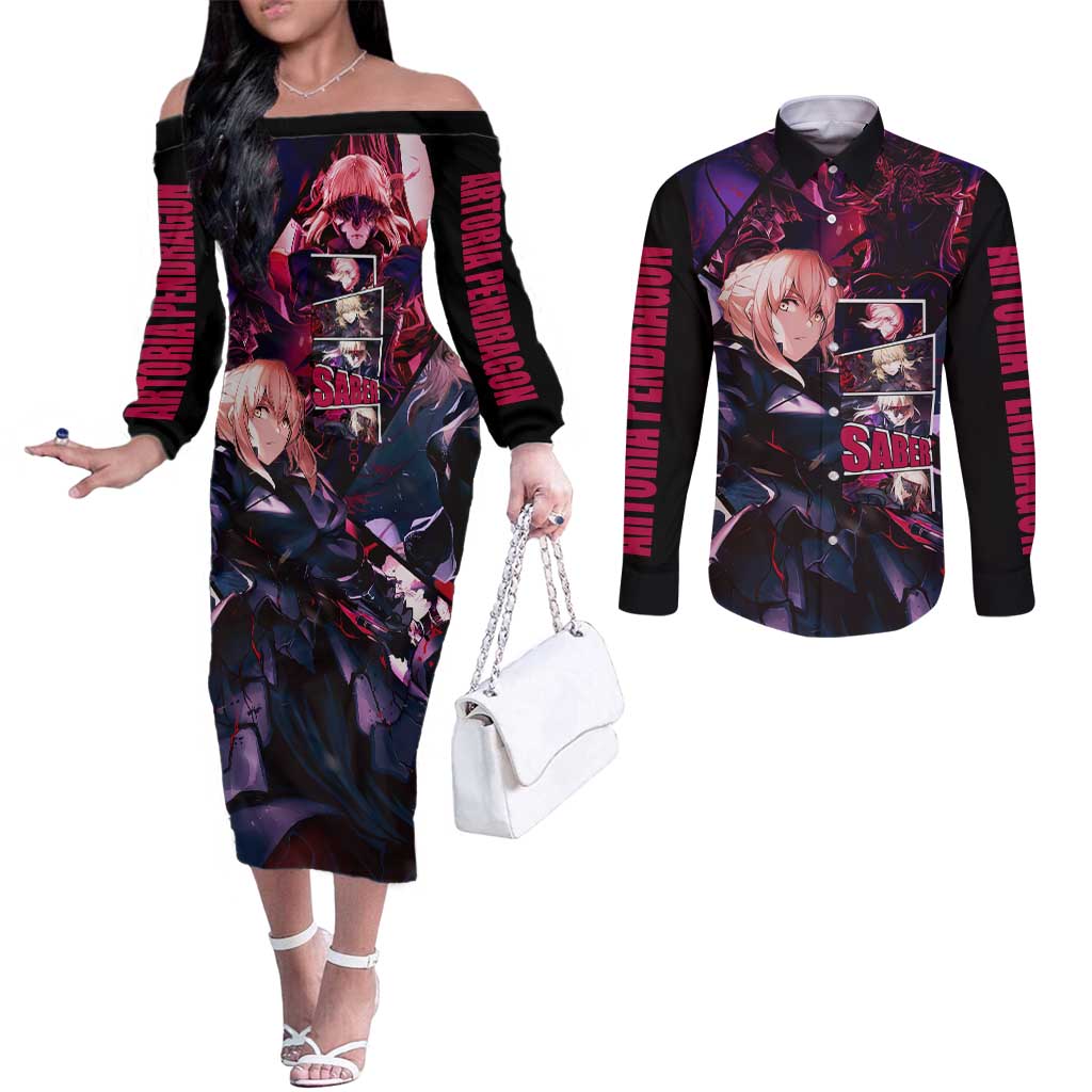 Saber Artoria Pendragon Dark Armor Theme Couples Matching Off The Shoulder Long Sleeve Dress and Long Sleeve Button Shirt with Red and Purple Abstract Background Design - The Mazicc