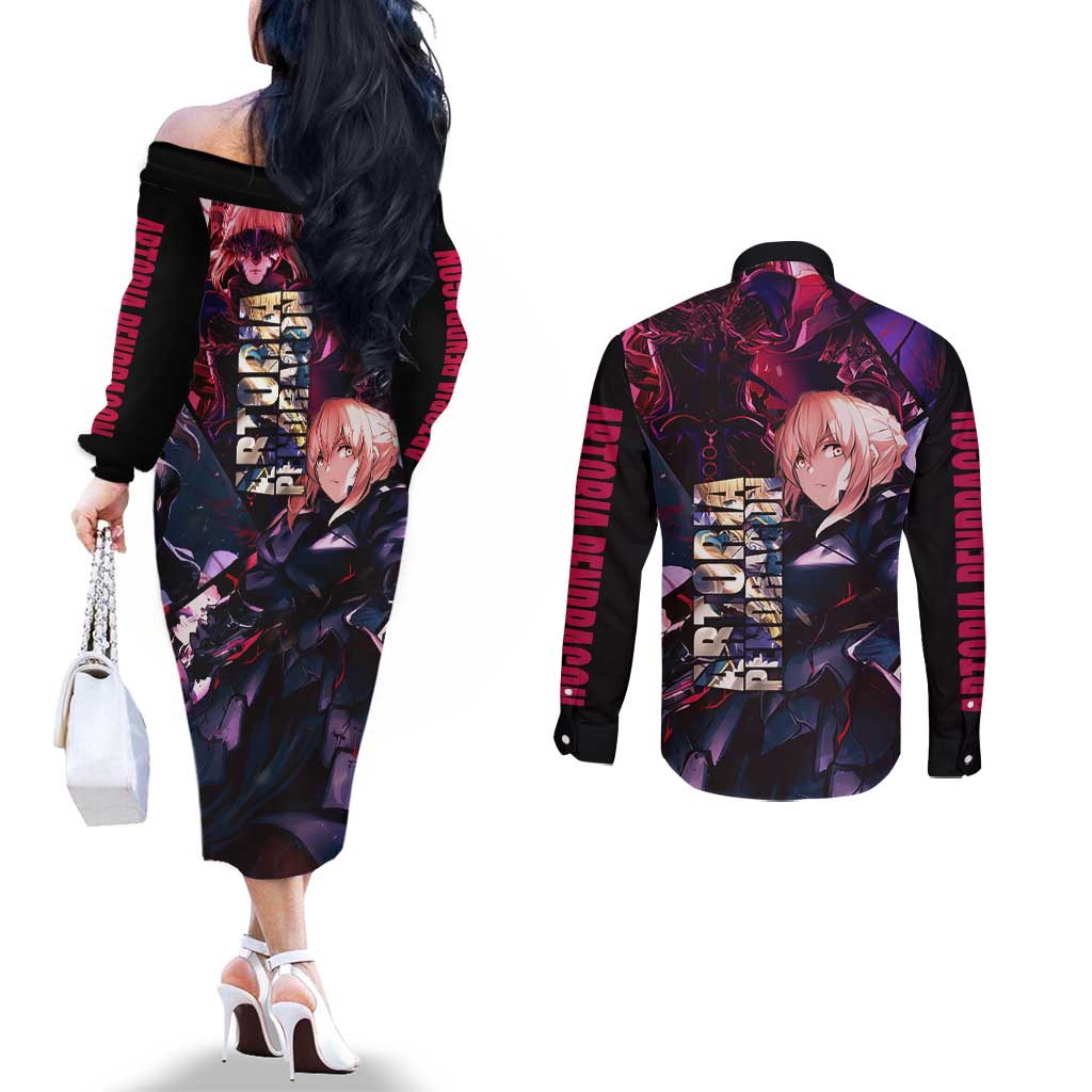 Saber Artoria Pendragon Dark Armor Theme Couples Matching Off The Shoulder Long Sleeve Dress and Long Sleeve Button Shirt with Red and Purple Abstract Background Design - The Mazicc