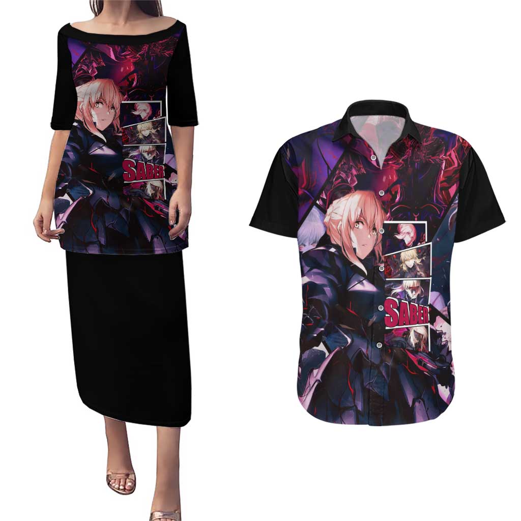 Saber Artoria Pendragon Dark Armor Theme Couples Matching Puletasi and Hawaiian Shirt with Red and Purple Abstract Background Design - The Mazicc