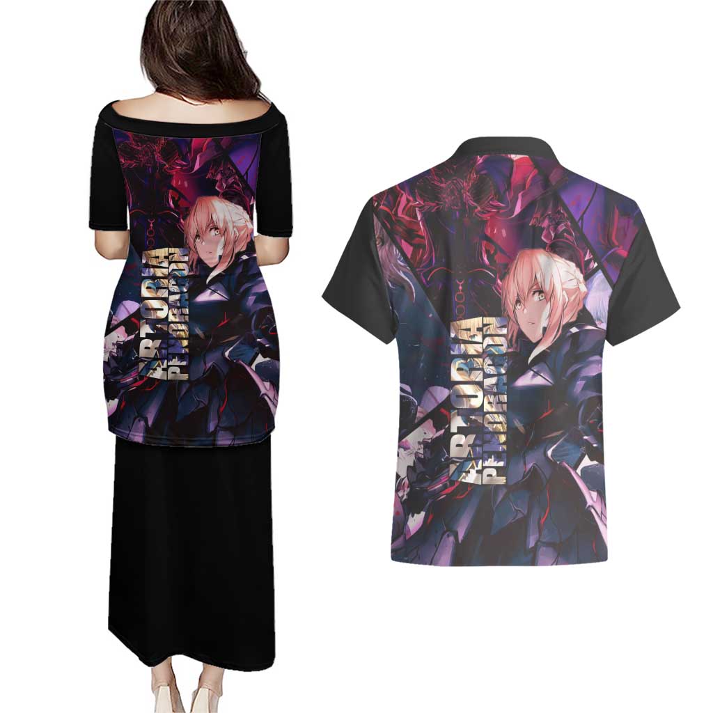 Saber Artoria Pendragon Dark Armor Theme Couples Matching Puletasi and Hawaiian Shirt with Red and Purple Abstract Background Design - The Mazicc