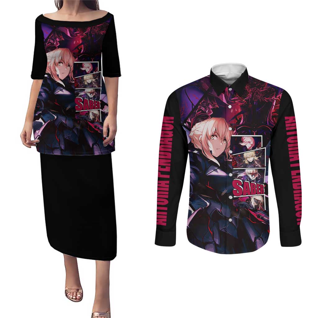 Saber Artoria Pendragon Dark Armor Theme Couples Matching Puletasi and Long Sleeve Button Shirt with Red and Purple Abstract Background Design - The Mazicc