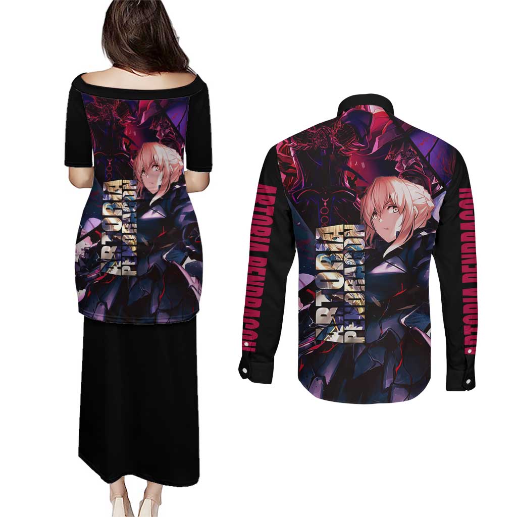 Saber Artoria Pendragon Dark Armor Theme Couples Matching Puletasi and Long Sleeve Button Shirt with Red and Purple Abstract Background Design - The Mazicc