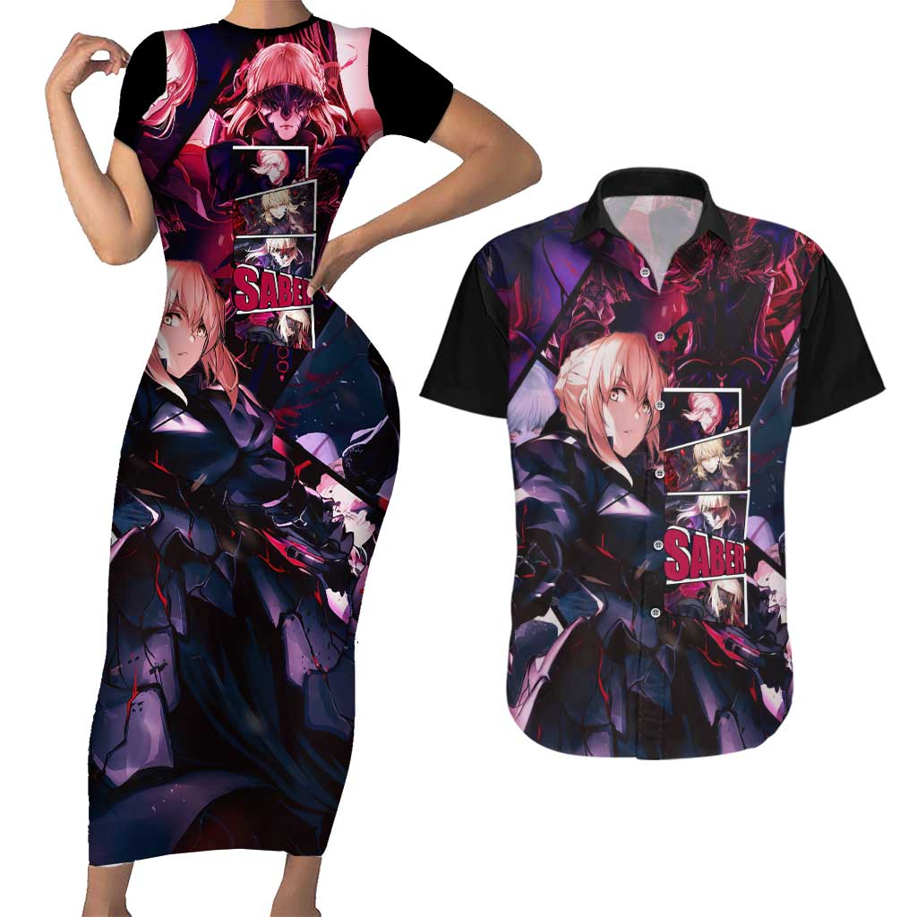 Saber Artoria Pendragon Dark Armor Theme Couples Matching Short Sleeve Bodycon Dress and Hawaiian Shirt with Red and Purple Abstract Background Design - The Mazicc