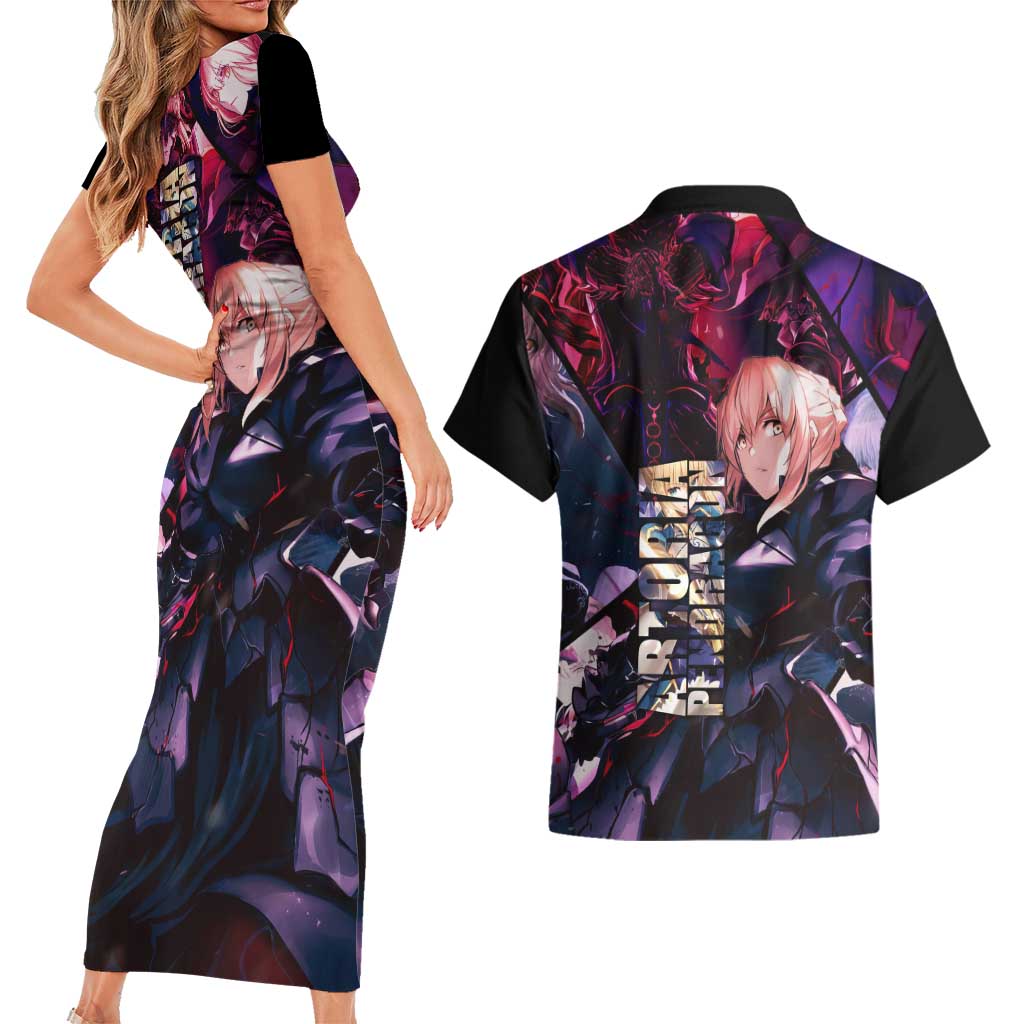 Saber Artoria Pendragon Dark Armor Theme Couples Matching Short Sleeve Bodycon Dress and Hawaiian Shirt with Red and Purple Abstract Background Design - The Mazicc