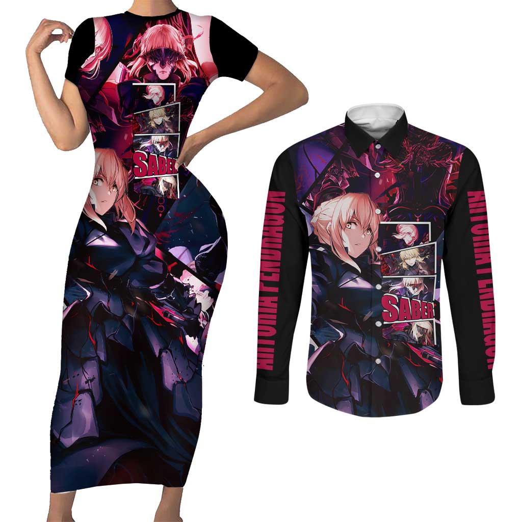 Saber Artoria Pendragon Dark Armor Theme Couples Matching Short Sleeve Bodycon Dress and Long Sleeve Button Shirt with Red and Purple Abstract Background Design - The Mazicc