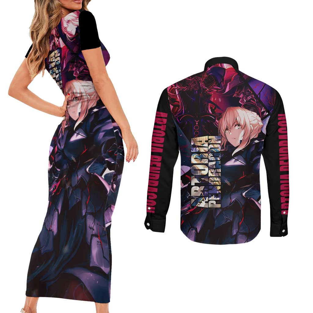 Saber Artoria Pendragon Dark Armor Theme Couples Matching Short Sleeve Bodycon Dress and Long Sleeve Button Shirt with Red and Purple Abstract Background Design - The Mazicc
