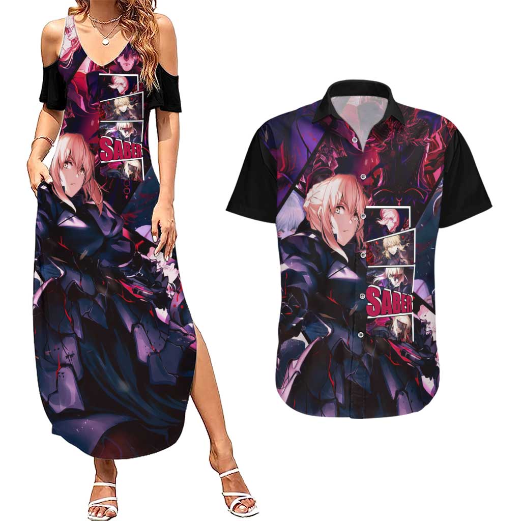 Saber Artoria Pendragon Dark Armor Theme Couples Matching Summer Maxi Dress and Hawaiian Shirt with Red and Purple Abstract Background Design - The Mazicc