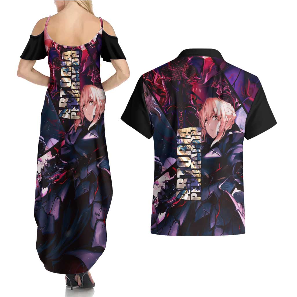 Saber Artoria Pendragon Dark Armor Theme Couples Matching Summer Maxi Dress and Hawaiian Shirt with Red and Purple Abstract Background Design - The Mazicc