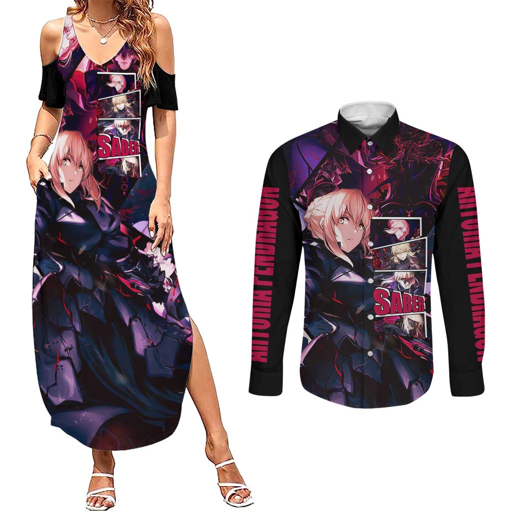Saber Artoria Pendragon Dark Armor Theme Couples Matching Summer Maxi Dress and Long Sleeve Button Shirt with Red and Purple Abstract Background Design - The Mazicc