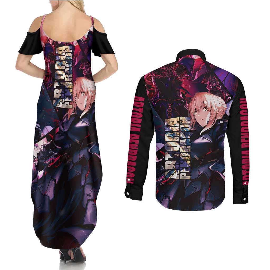 Saber Artoria Pendragon Dark Armor Theme Couples Matching Summer Maxi Dress and Long Sleeve Button Shirt with Red and Purple Abstract Background Design - The Mazicc
