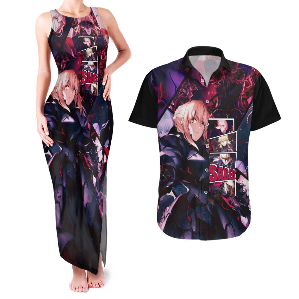 Saber Artoria Pendragon Dark Armor Theme Couples Matching Tank Maxi Dress and Hawaiian Shirt with Red and Purple Abstract Background Design - The Mazicc
