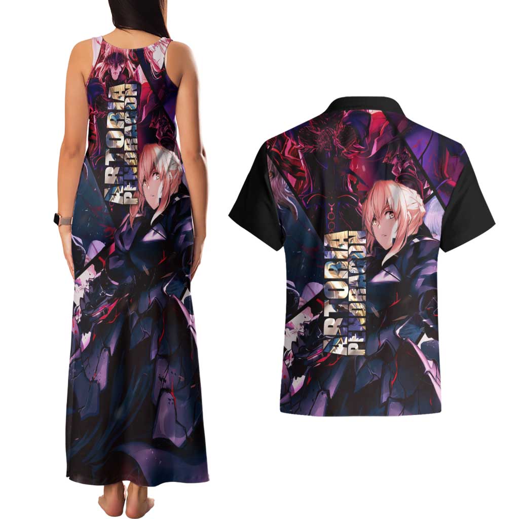 Saber Artoria Pendragon Dark Armor Theme Couples Matching Tank Maxi Dress and Hawaiian Shirt with Red and Purple Abstract Background Design - The Mazicc