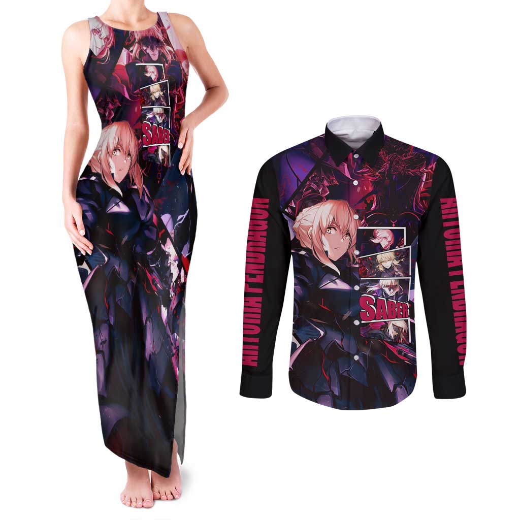 Saber Artoria Pendragon Dark Armor Theme Couples Matching Tank Maxi Dress and Long Sleeve Button Shirt with Red and Purple Abstract Background Design - The Mazicc