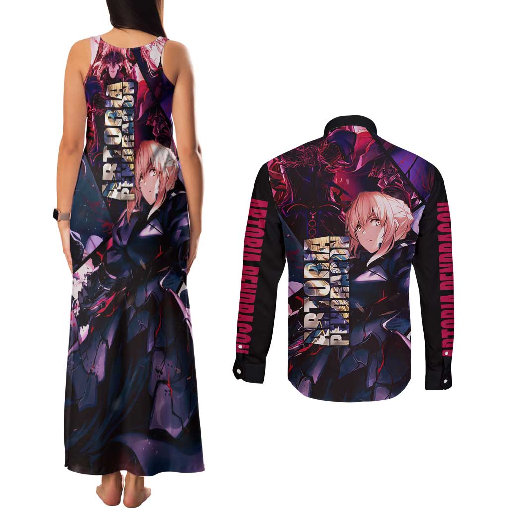 Saber Artoria Pendragon Dark Armor Theme Couples Matching Tank Maxi Dress and Long Sleeve Button Shirt with Red and Purple Abstract Background Design - The Mazicc