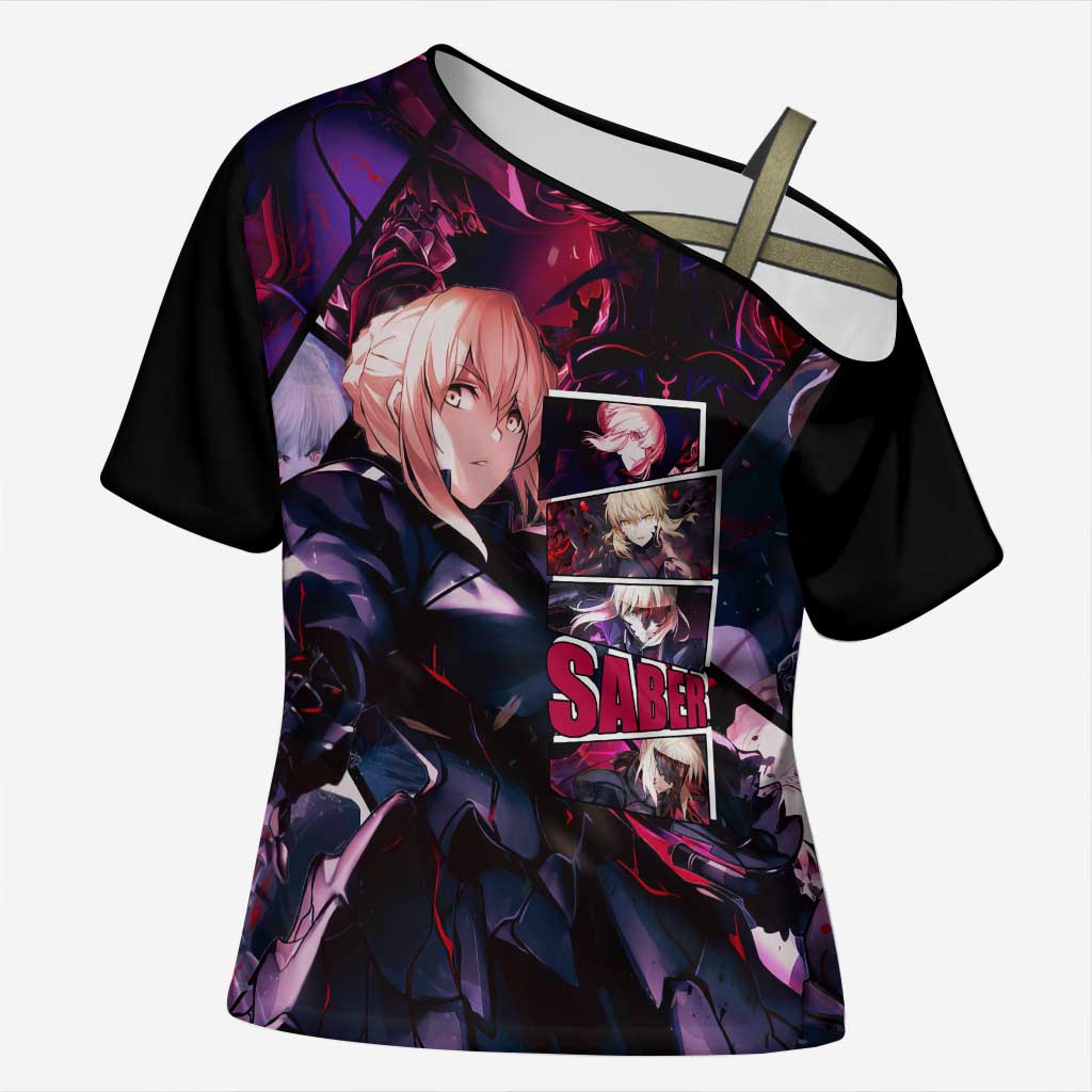Saber Artoria Pendragon Dark Armor Theme Cross Shoulder Shirt with Red and Purple Abstract Background Design - The Mazicc
