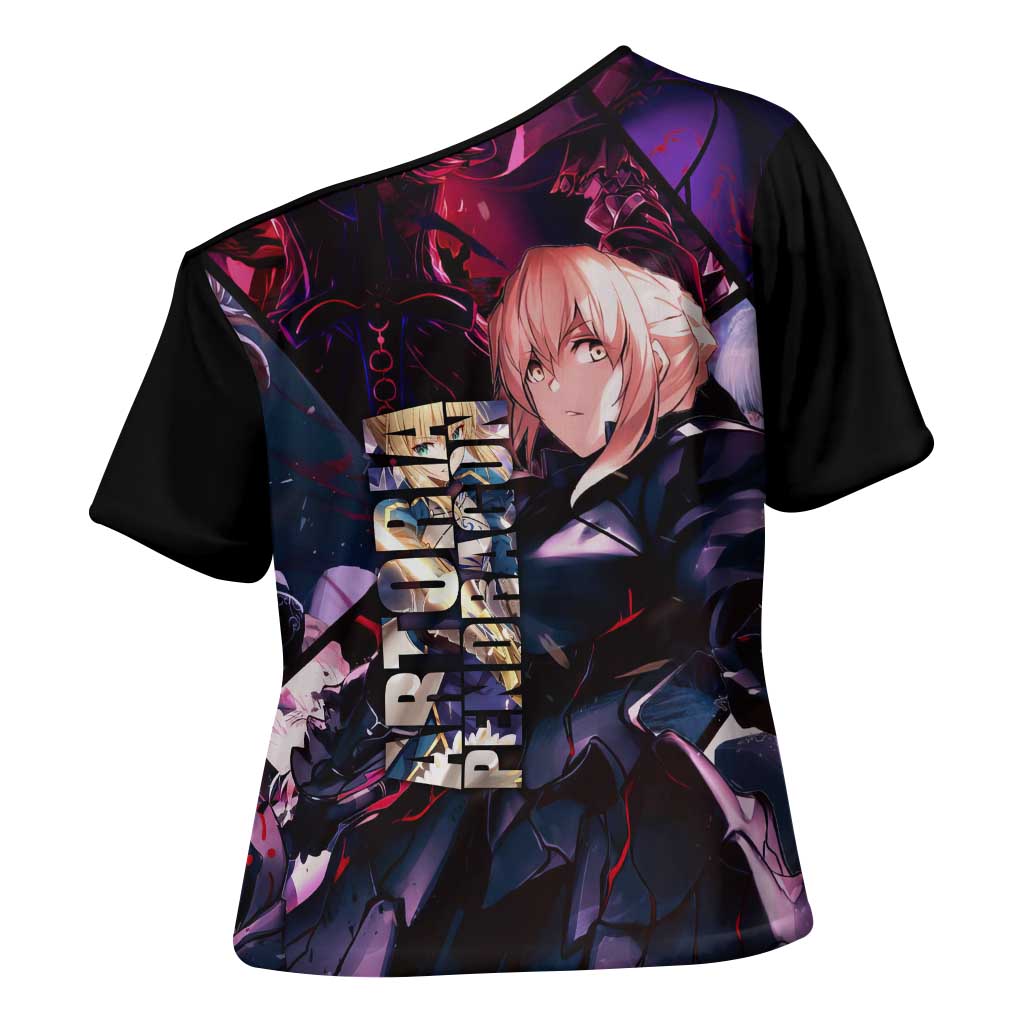 Saber Artoria Pendragon Dark Armor Theme Cross Shoulder Shirt with Red and Purple Abstract Background Design - The Mazicc