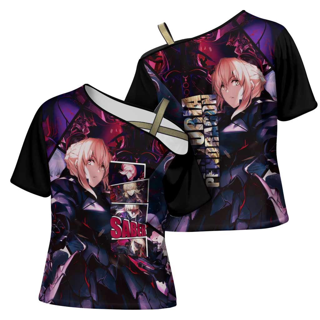 Saber Artoria Pendragon Dark Armor Theme Cross Shoulder Shirt with Red and Purple Abstract Background Design - The Mazicc