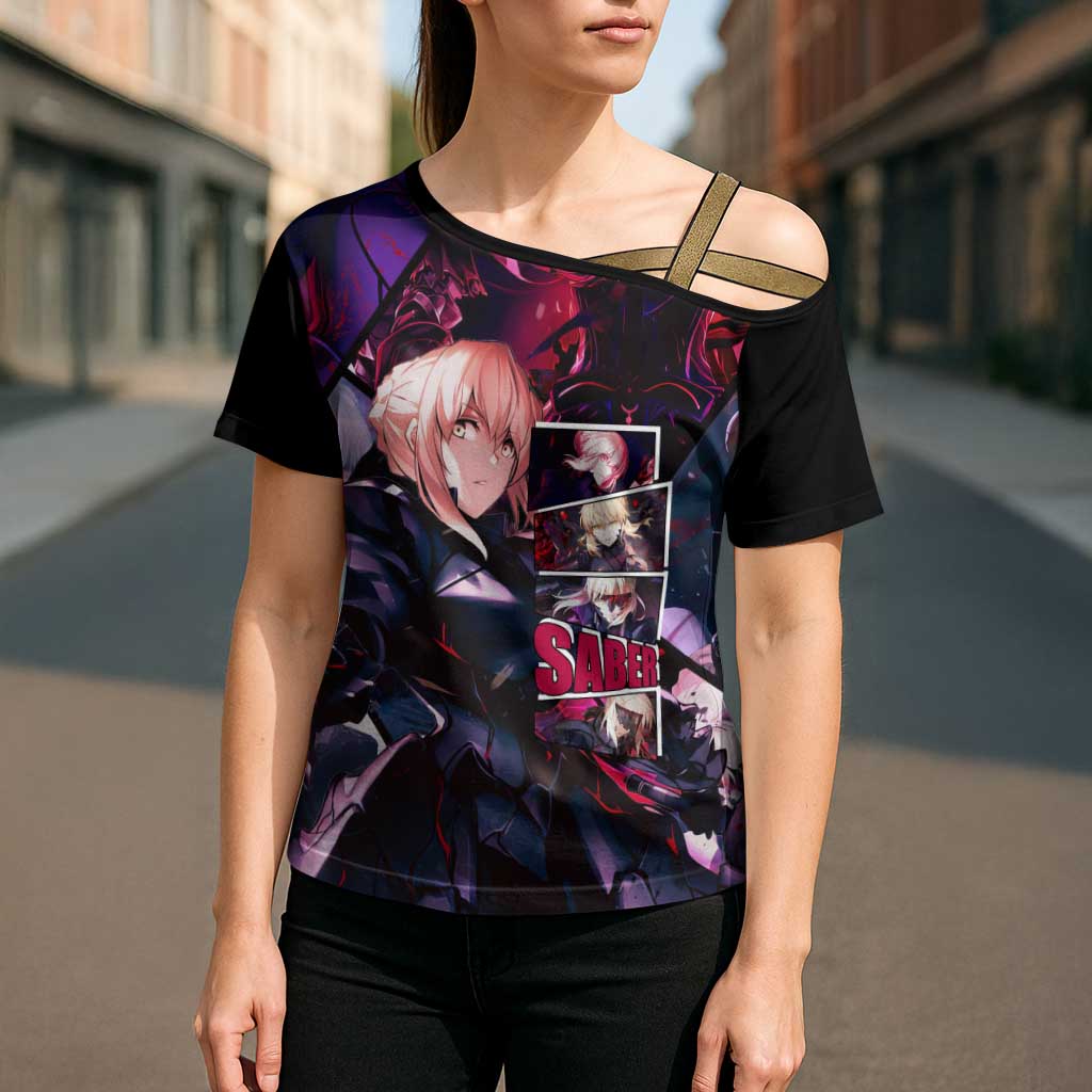 Saber Artoria Pendragon Dark Armor Theme Cross Shoulder Shirt with Red and Purple Abstract Background Design - The Mazicc