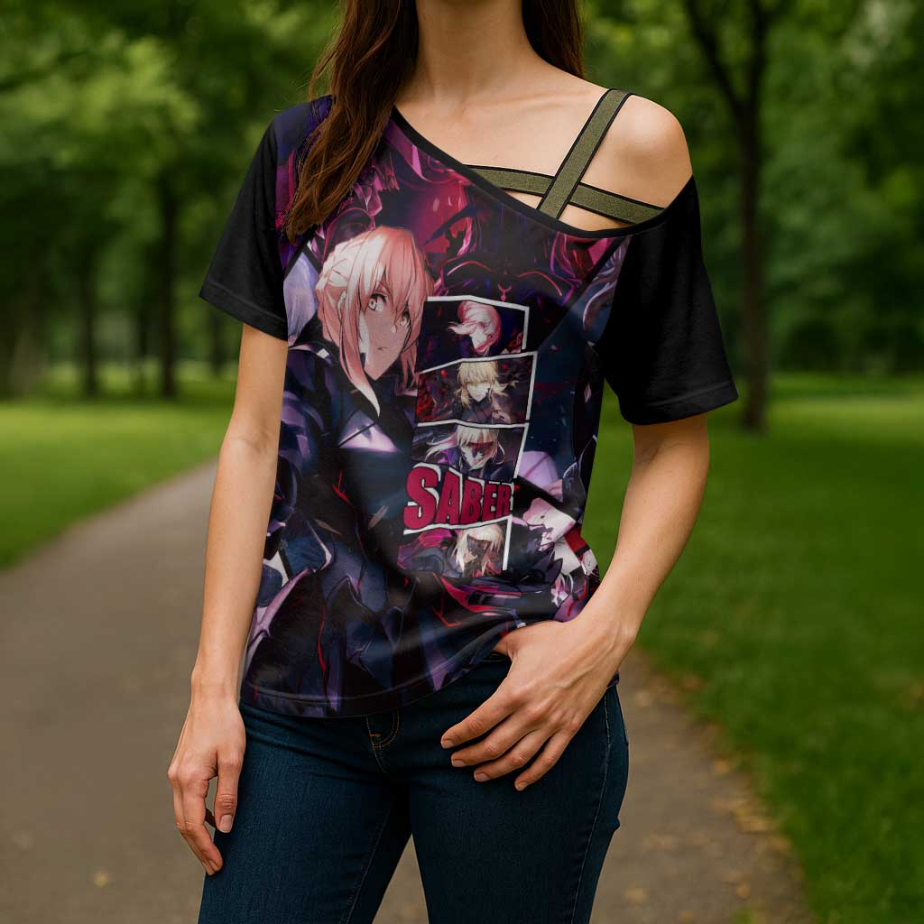 Saber Artoria Pendragon Dark Armor Theme Cross Shoulder Shirt with Red and Purple Abstract Background Design - The Mazicc