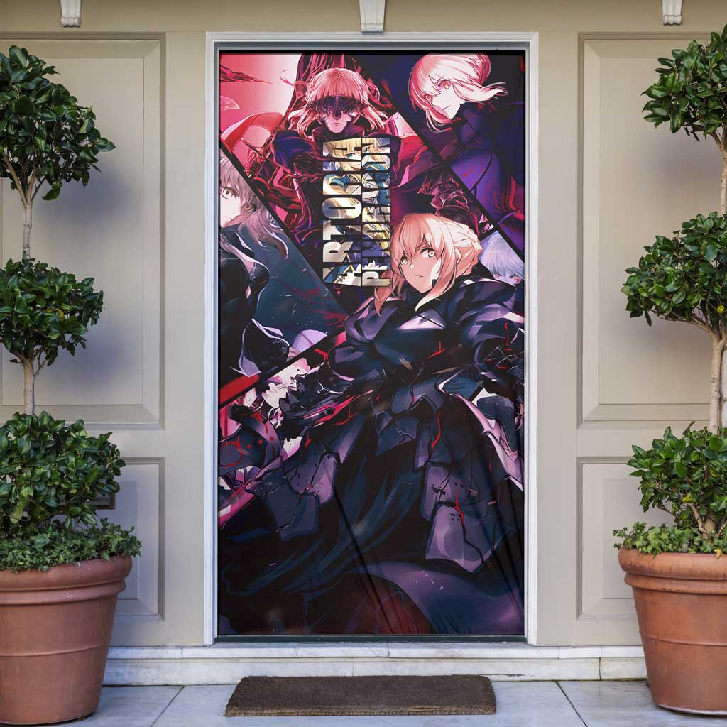 Saber Artoria Pendragon Dark Armor Theme Door Cover with Red and Purple Abstract Background Design - The Mazicc