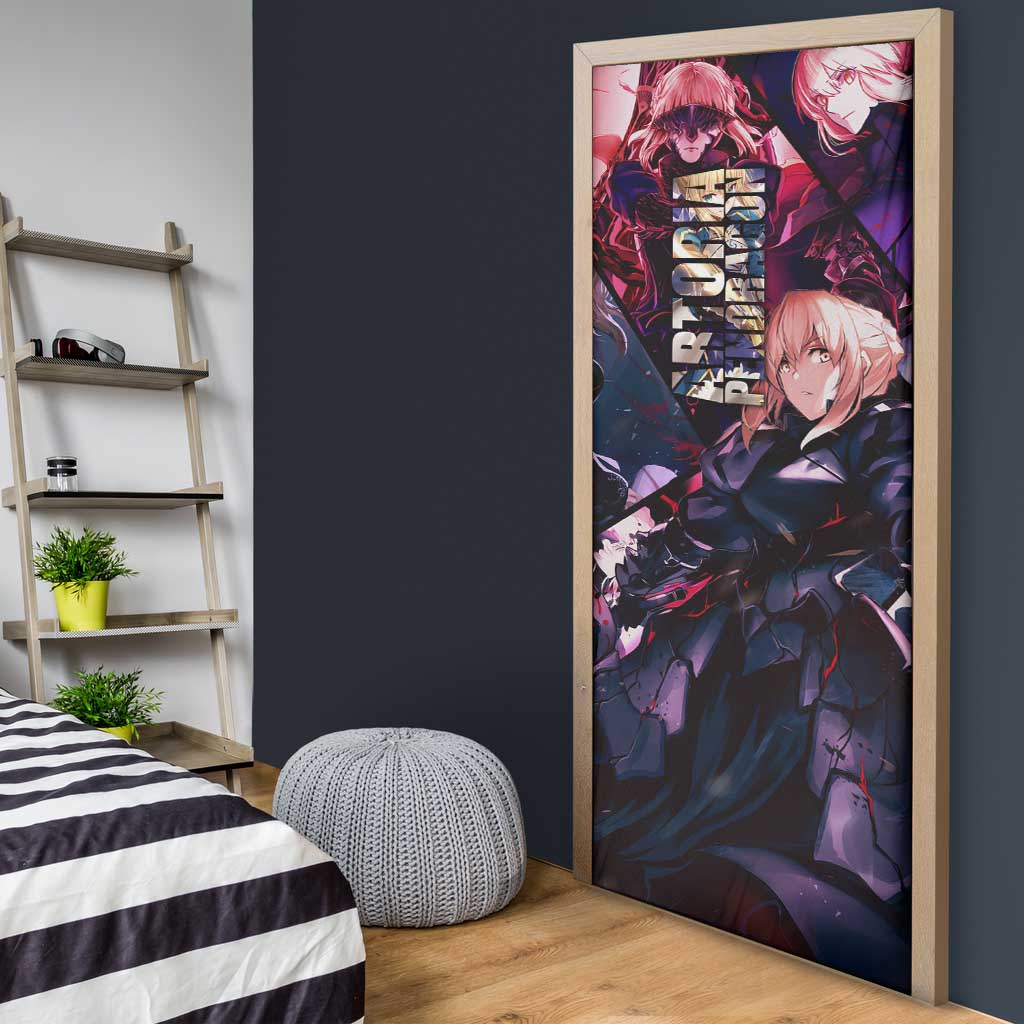 Saber Artoria Pendragon Dark Armor Theme Door Cover with Red and Purple Abstract Background Design - The Mazicc